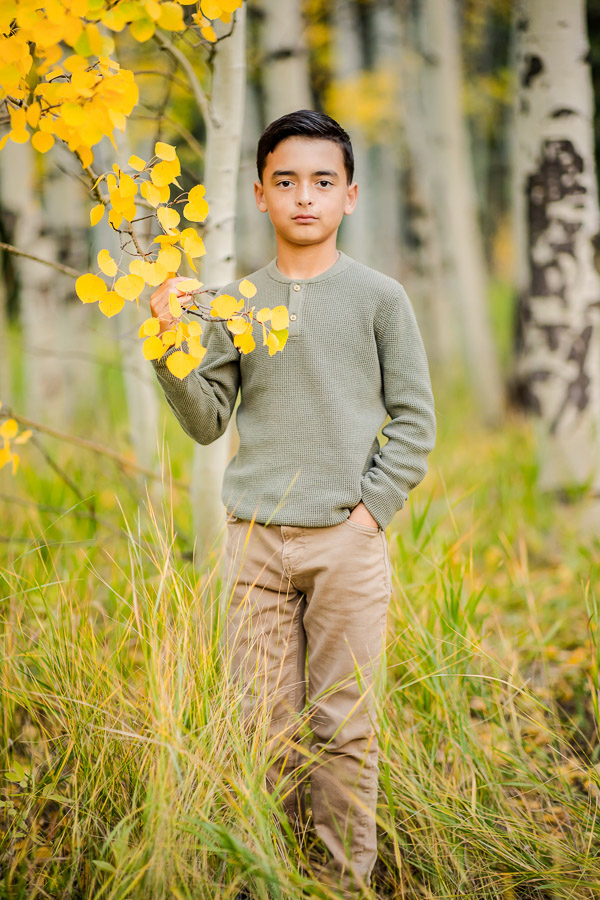 a young boy in a greeen shirt and brown pants holding leaves in an aspen grove during the fall